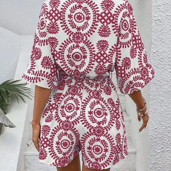 Pink Boho Ladies' Printed Leisure Vacation Batwing Sleeve Belted Romper - Picture 2 of 5